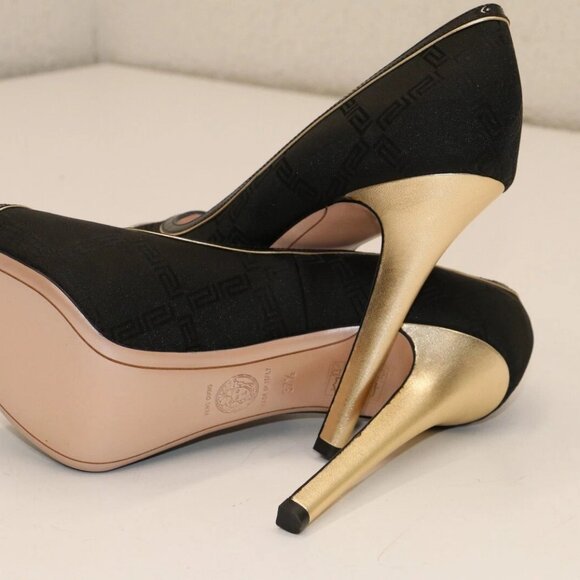 Versace Black/Gold Peep Toe Pumps Size 37.5/US 7.5 - Picture 8 of 10